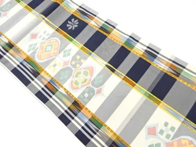 格子に花・抽象模様織出し袋帯